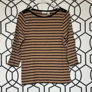 Chico's Brown and Black Striped 3/4 Sleeve T-Shirt with Button Shoulder Accents